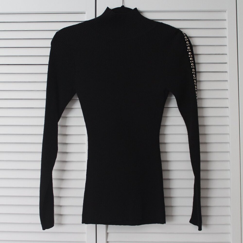 Cache Black High Neck Sweater with Sleeve Embellishment